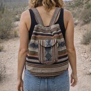 PINZON ARTESANIAS Brown WOVEN BACKPACK BAG BOHO HIPPIE‎ MEXICO SERAPE STYLE